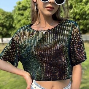 ICON Drop Shoulder Sequin Mesh Crop Blouse L